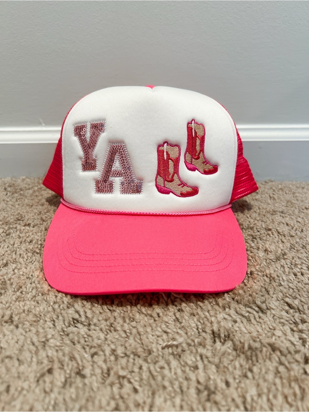Versona Yall Pink and White Trucker Hat with Embroidered Boots NWT
